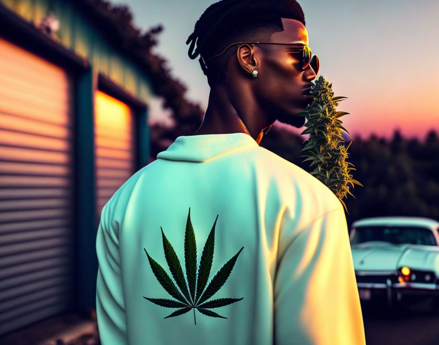 Stylish man in sunglasses with cannabis leaf jacket and vintage car at sunset