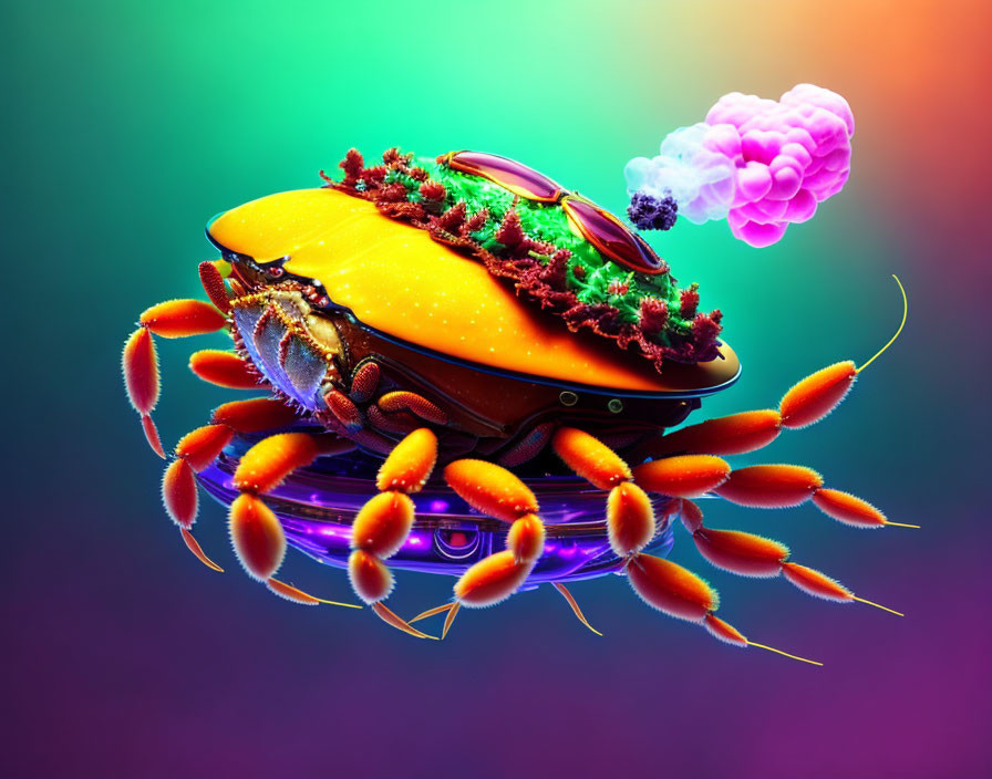 Vibrant digital art: crab with sandwich shell, sunglasses, neon disc, smoke.