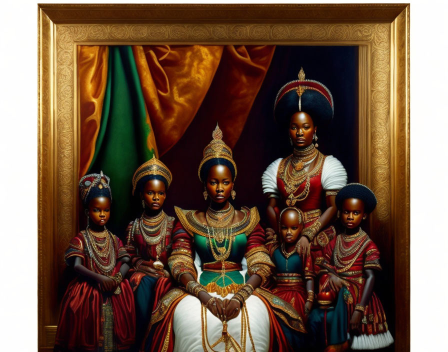 Regal painting of woman on throne with attendants in traditional attire.