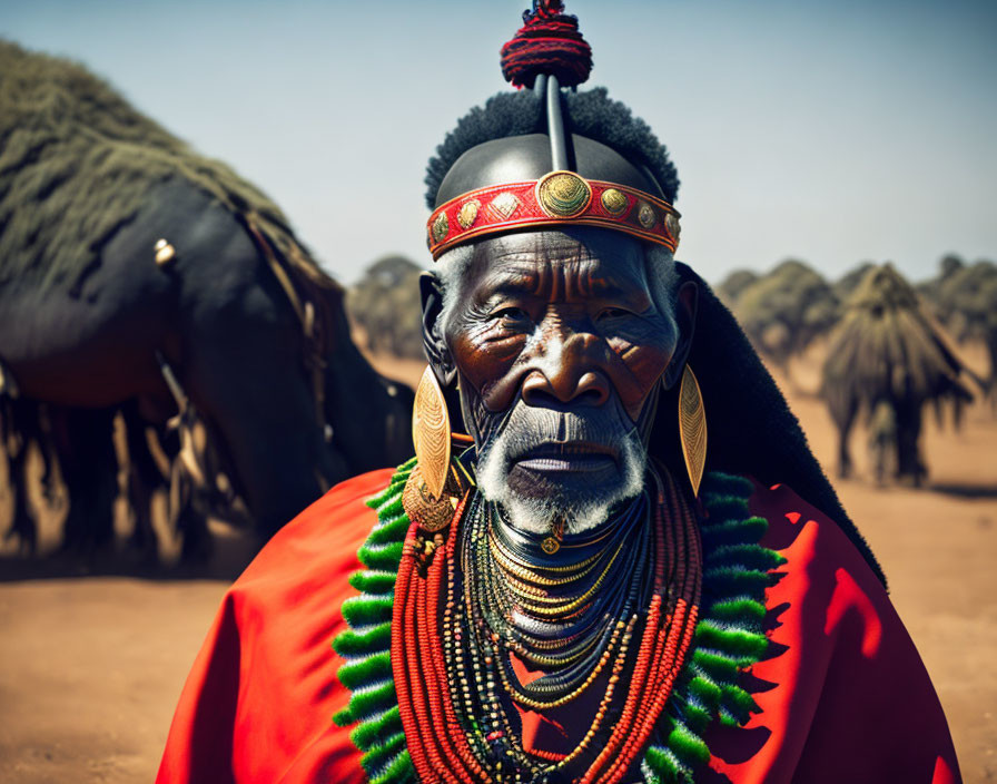 Elderly man in tribal regalia with face markings and red cloak in front of huts