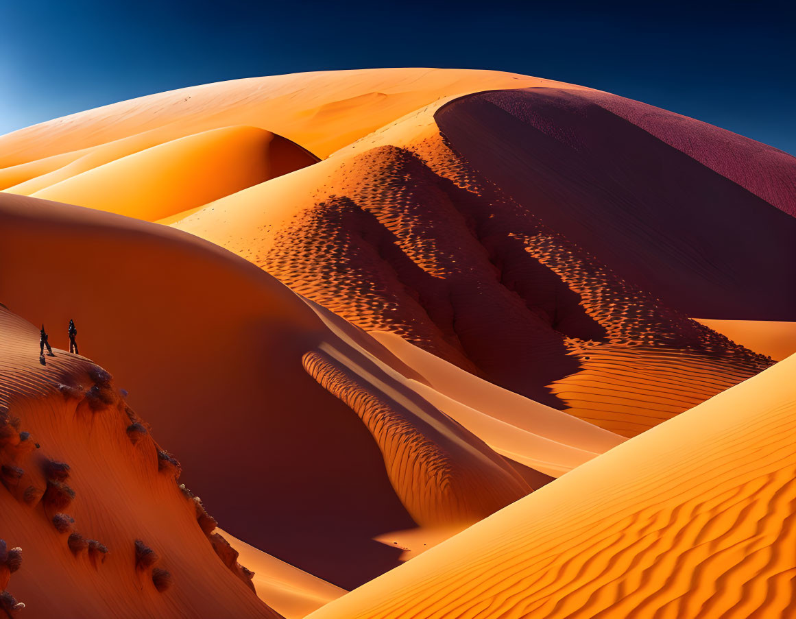 Expansive orange sand dunes with figure walking under clear blue sky