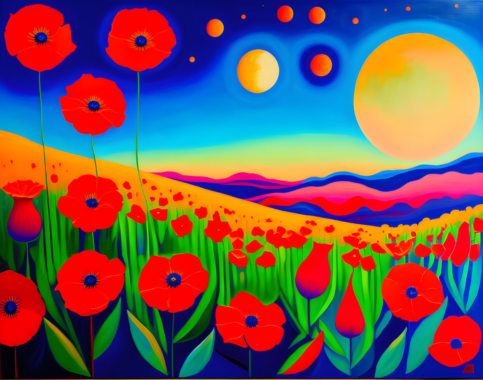 Colorful painting of red poppies, rolling hills, and stylized sky with sun and orbs.