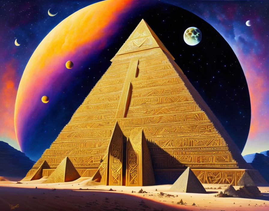 Detailed Pyramids in Otherworldly Landscape with Planets and Moons