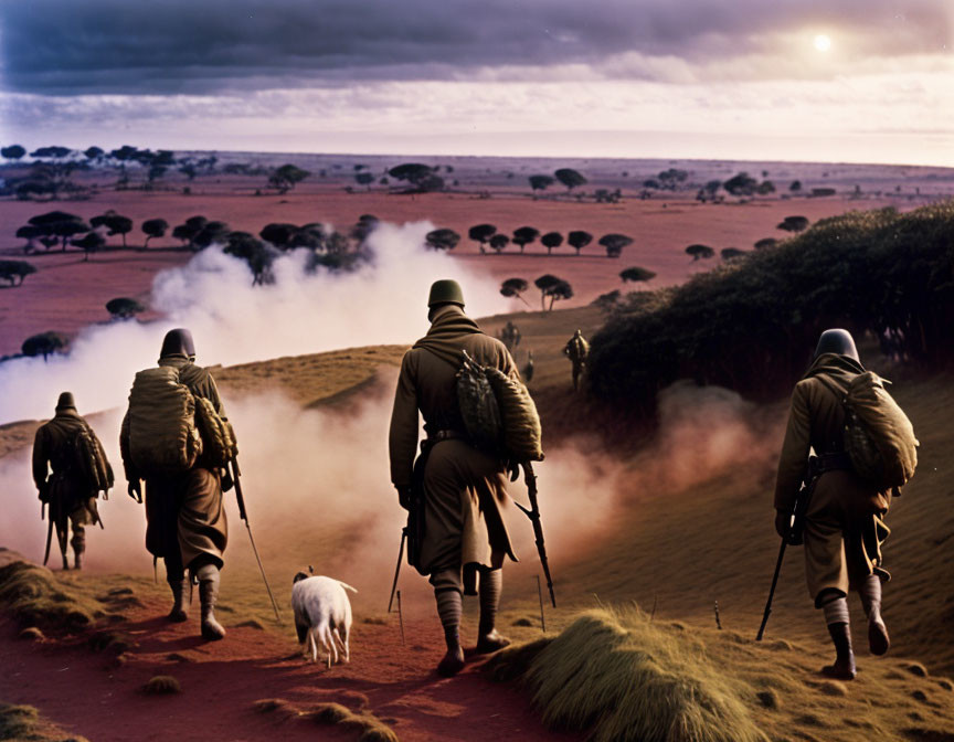 Figures in protective gear with dog in smoky landscape at sunset