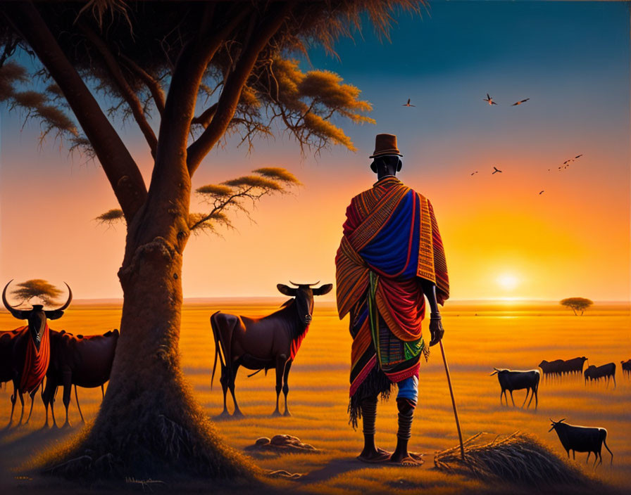 Herdsman with Cattle Under Acacia Tree at Sunset in African Savannah