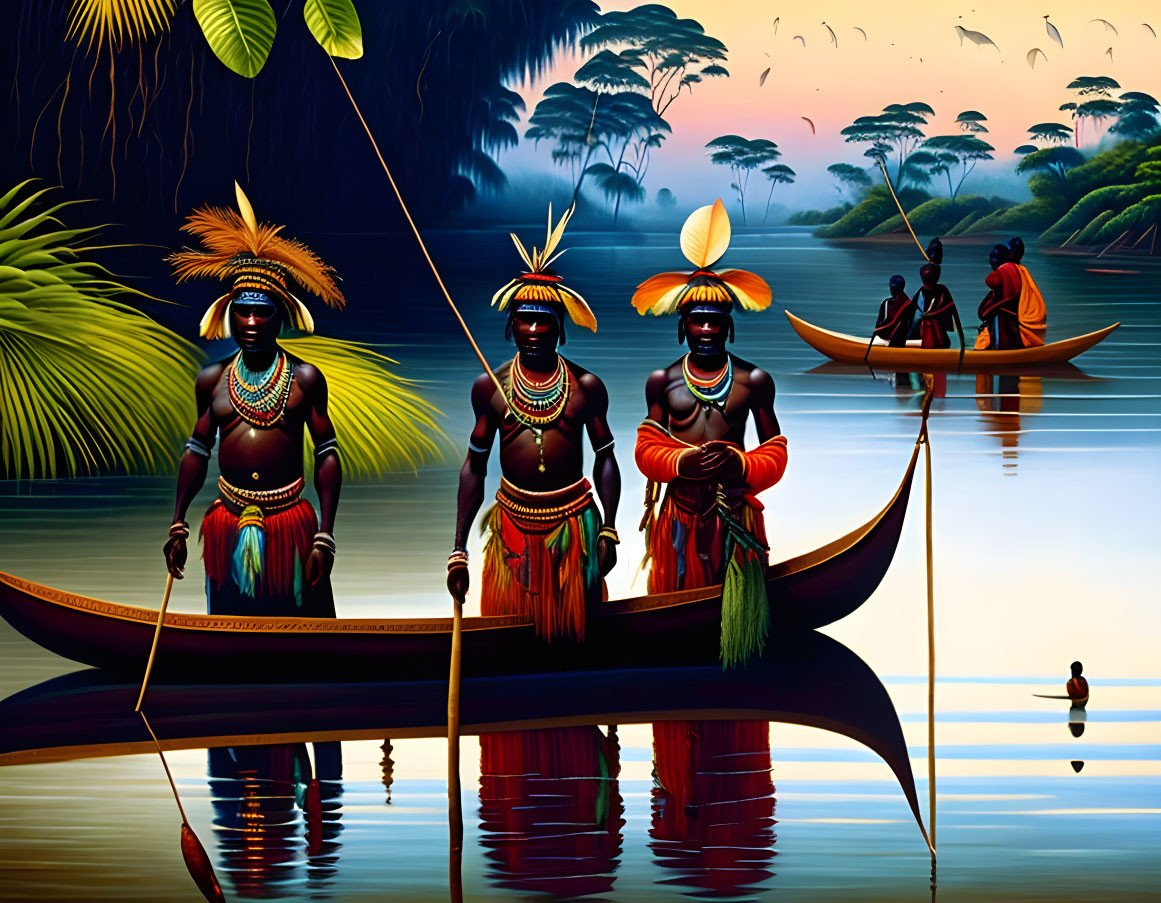 Three People in Traditional Attire by Canoe on Serene Waterway