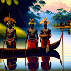 Three People in Traditional Attire by Canoe on Serene Waterway