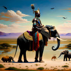 Traditional Attire Person on Elephant in Savanna Landscape