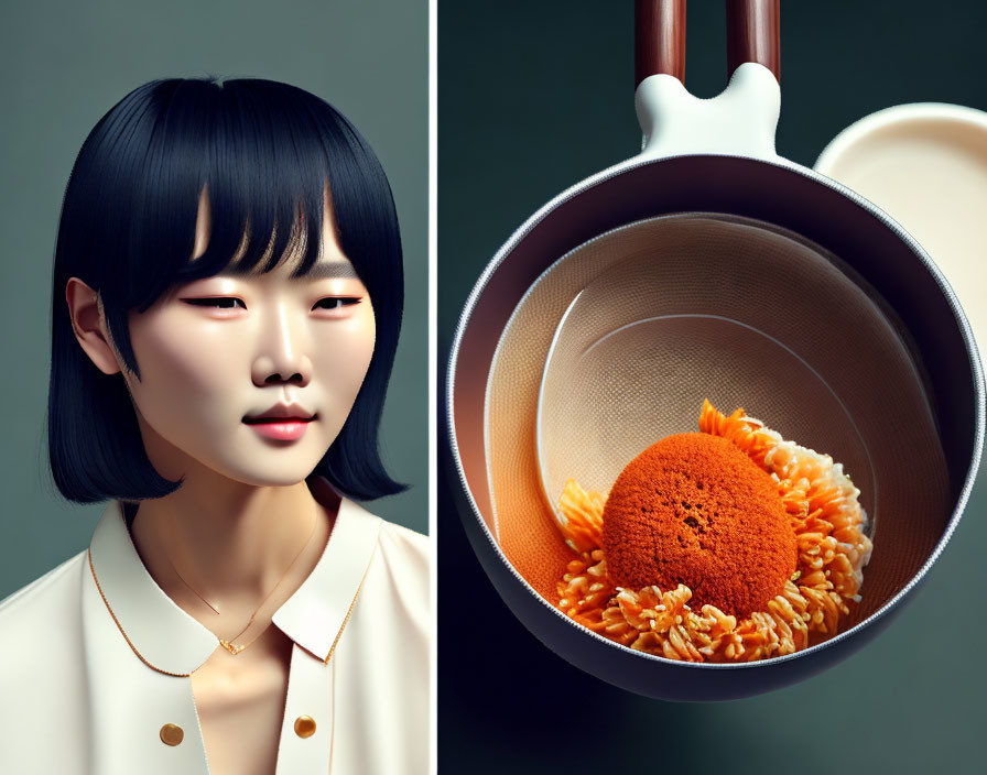 Split image of woman in black hair and beige outfit beside pan with orange sponge and pasta noodles.