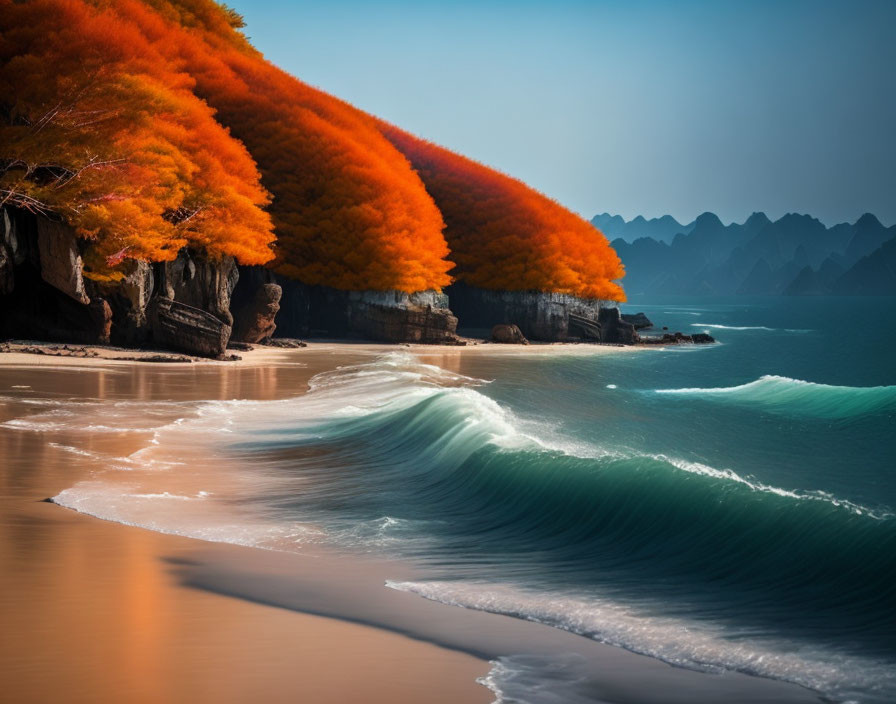 Tranquil beach scene with autumn trees, turquoise waves, and distant mountains