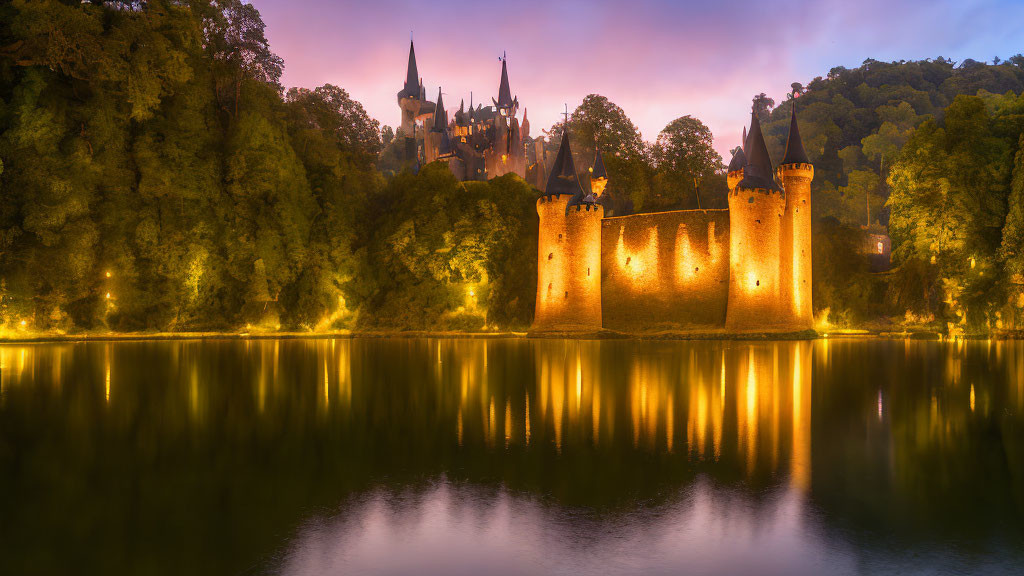 Twilight castle with spires and river reflection forest view