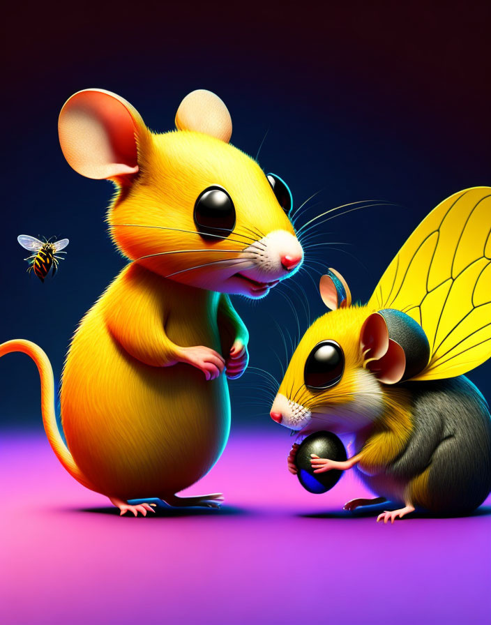 Stylized anthropomorphic mice with butterfly wings and bee on vibrant purple background