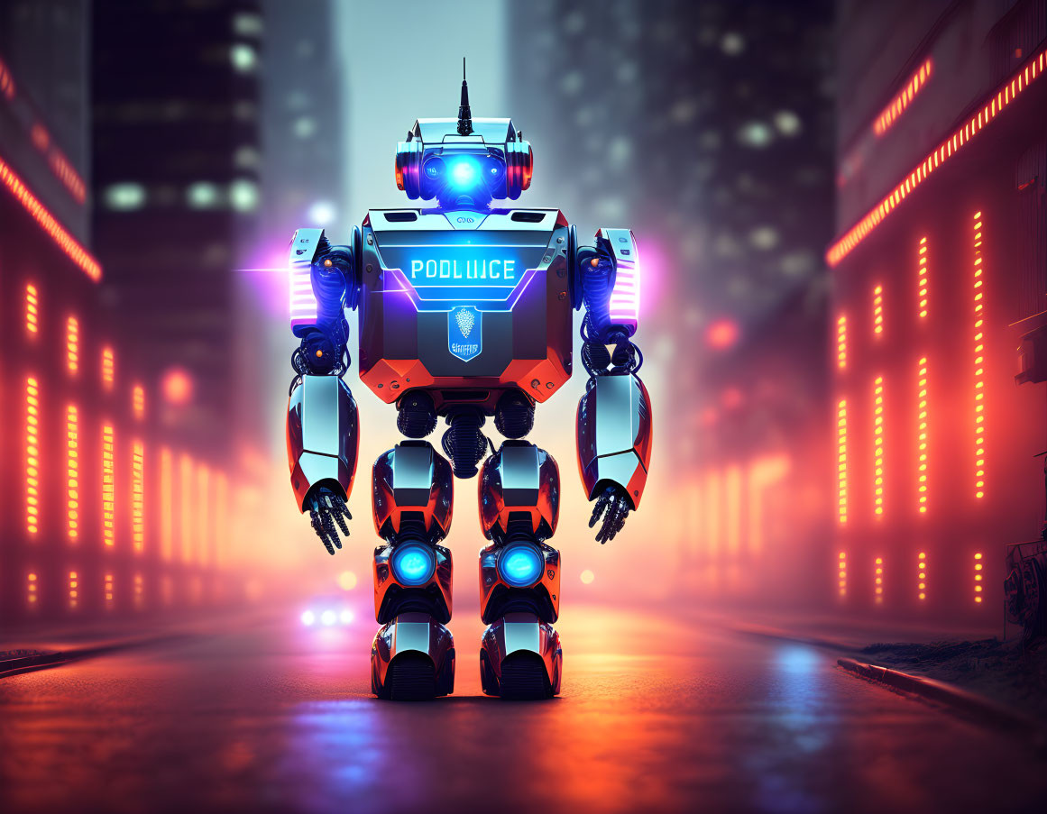 Futuristic Police Robot in Blue and White Armor in Neon-Lit Cityscape