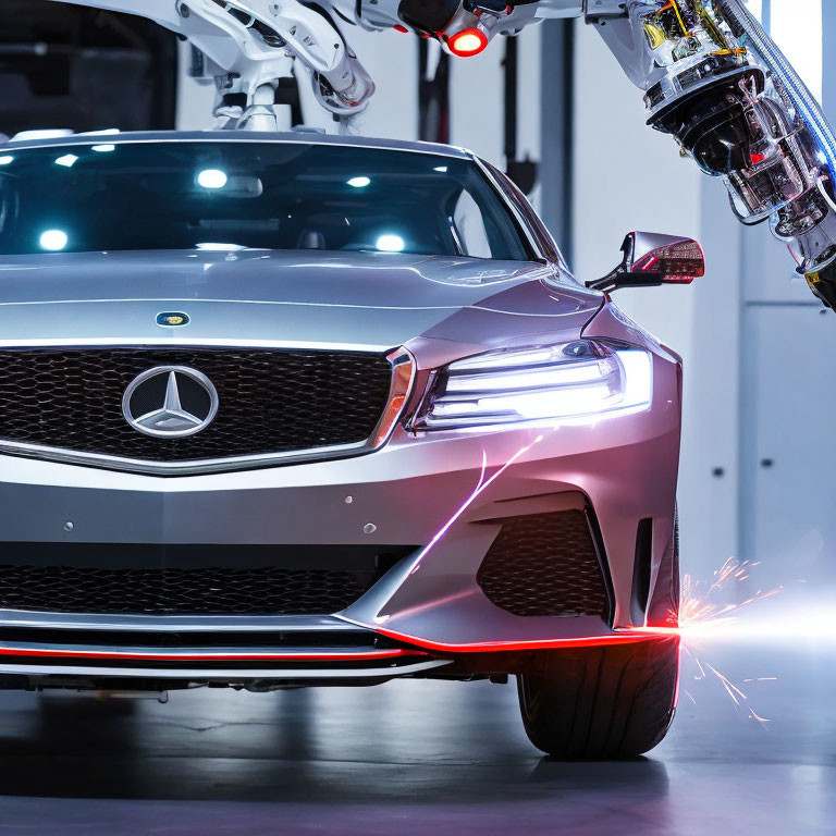 Silver Mercedes-Benz Vehicle in Automated Manufacturing Process with Robotic Arms