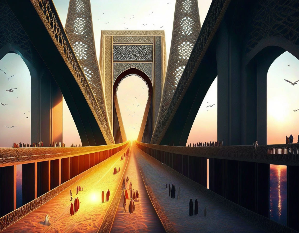 Futuristic bridge with ornate arch, people, birds, and sunset glow