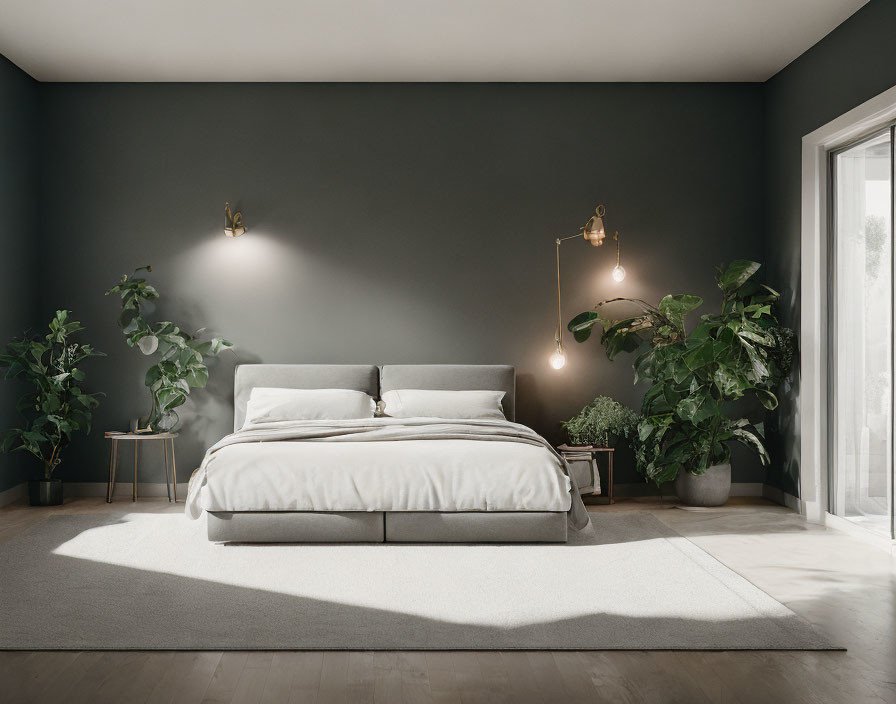 Modern Bedroom with Dark Gray Wall, Large Bed, White Bedding, Indoor Plants, and Wall-M