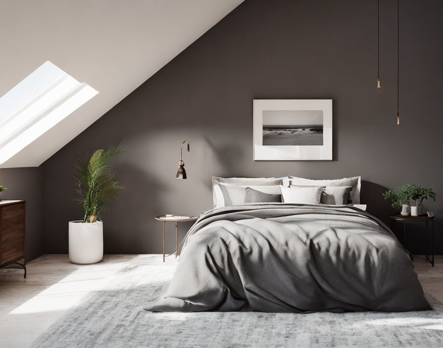 Modern Bedroom with Large Bed, Grey Bedding, Dark Walls, Skylight, Hanging Lights, Fram