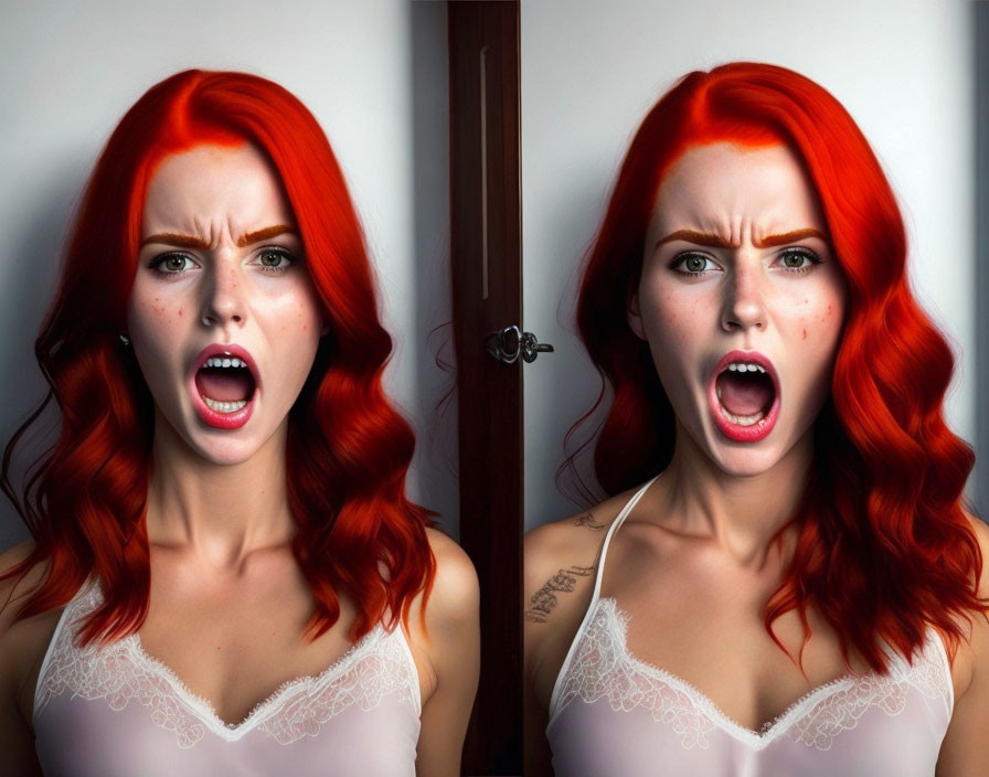 Woman with Bright Red Hair and White Top Shows Shock and Fear in Mirrored Image