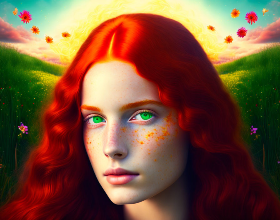 Digital artwork: Woman with red hair and green eyes in meadow sunset scene