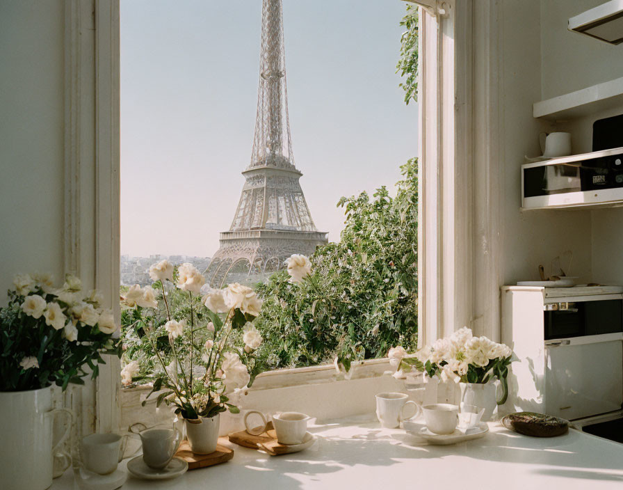 Serene kitchen interior with Eiffel Tower view and white flowers