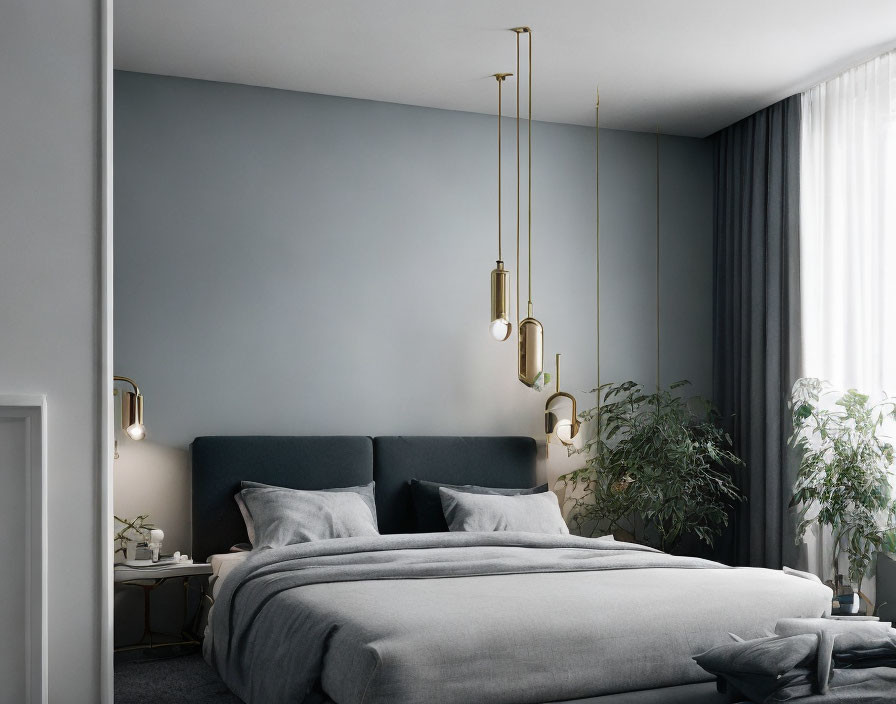 Minimalist Modern Bedroom with Gray Bed, Brass Pendant Lights, and Large Indoor Plant