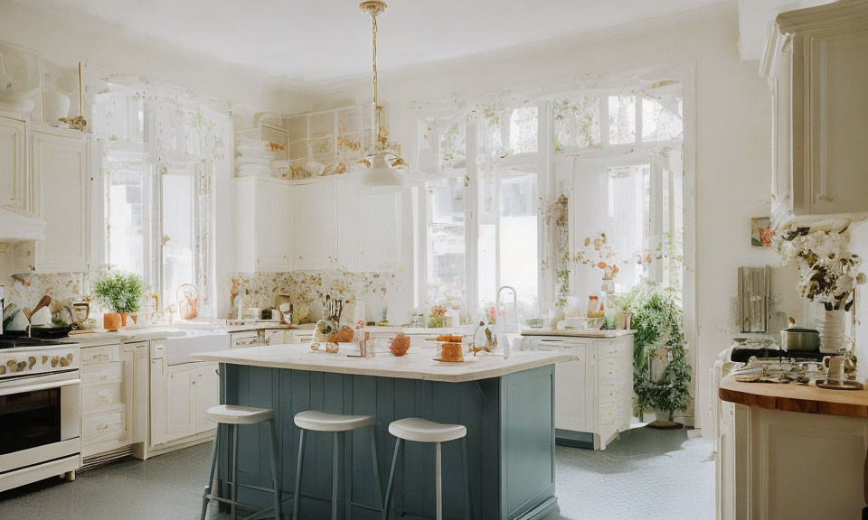 Spacious kitchen with white cabinetry, blue island, gold fixtures, and large windows.