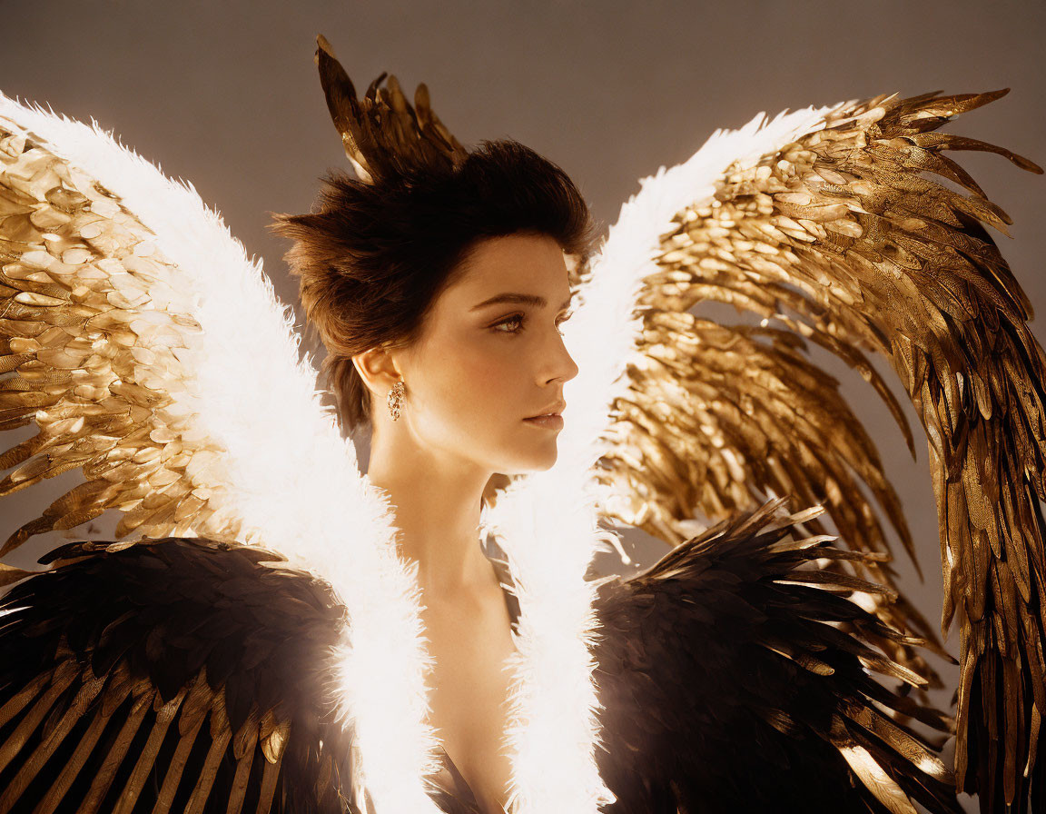 Profile of person with dark, feathered wings in radiant setting