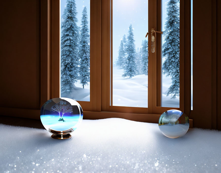 Crystal Ball Reflects Snowy Winter Scene Through Window