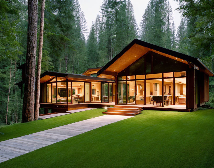 Modern Glass House with Expansive Windows in Forest Setting at Dusk