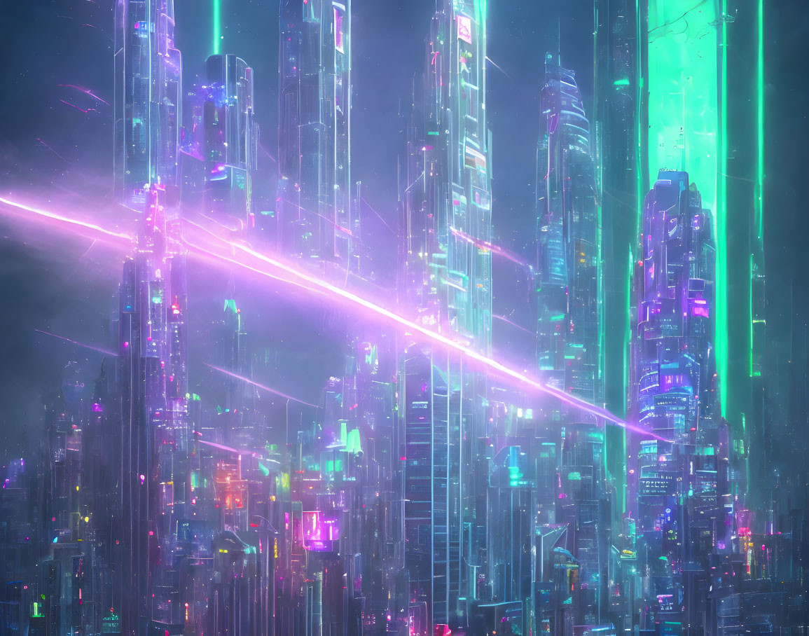 Neon-lit cyberpunk cityscape with skyscrapers and glowing beams