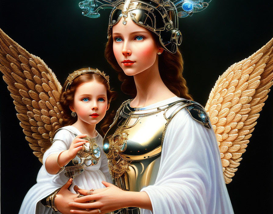 Golden-winged adult and child angels in ornate armor against dark backdrop