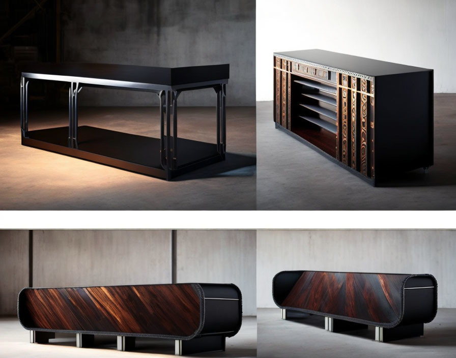 Modern Black Desk with Glossy Finish and Unique Wood Design on Drawers