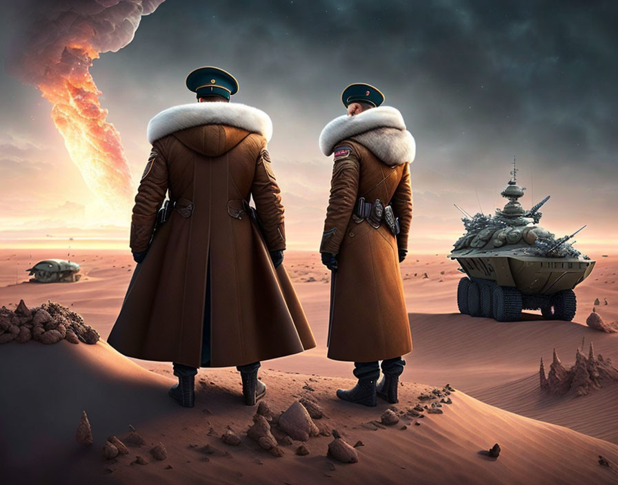 Military figures in desert with futuristic tank and hovering vehicle under stormy sky