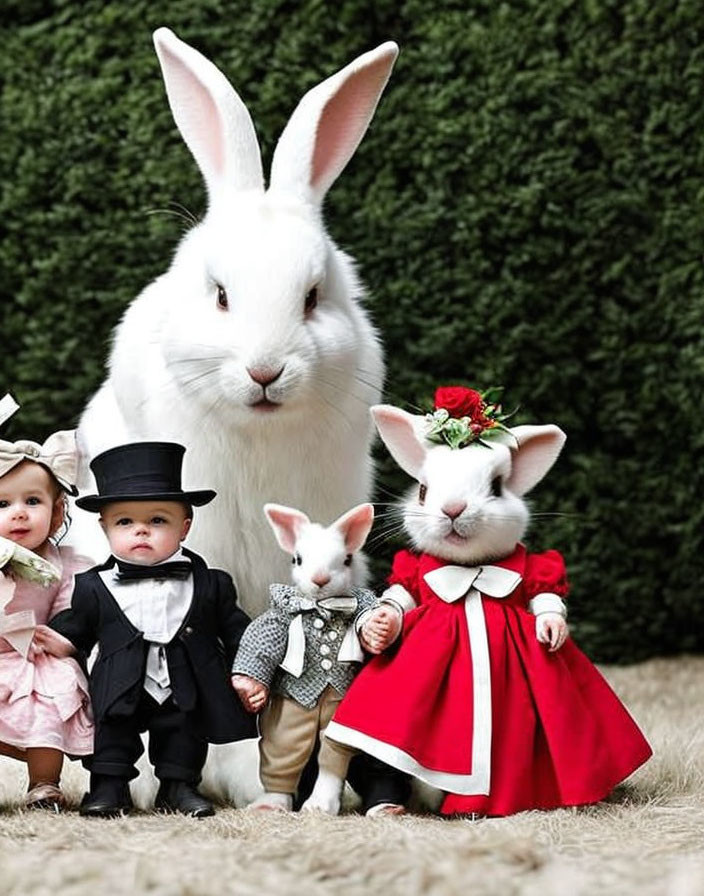 Rabbits and babies in fancy costumes: largest in white suit, smallest in red dress.