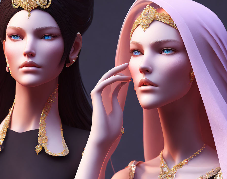 Stylized female figures with blue eyes and gold jewelry in contemplative poses