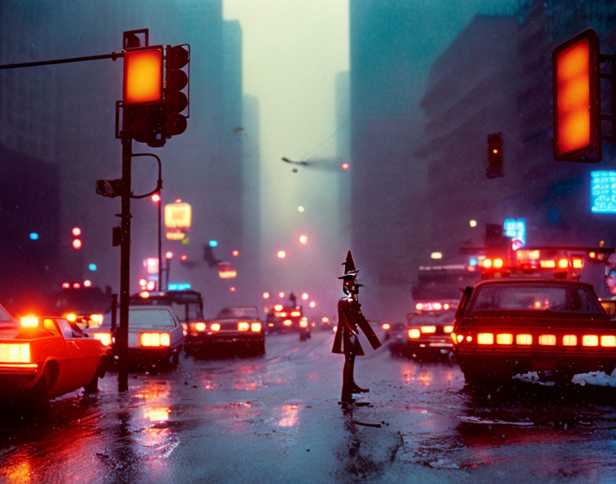 Person crossing wet city street at dusk with traffic and glowing stoplights.