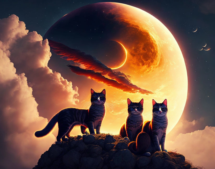 Three cats on rocky outcrop under fantastical sky with crescent moon, smaller moons, clouds,