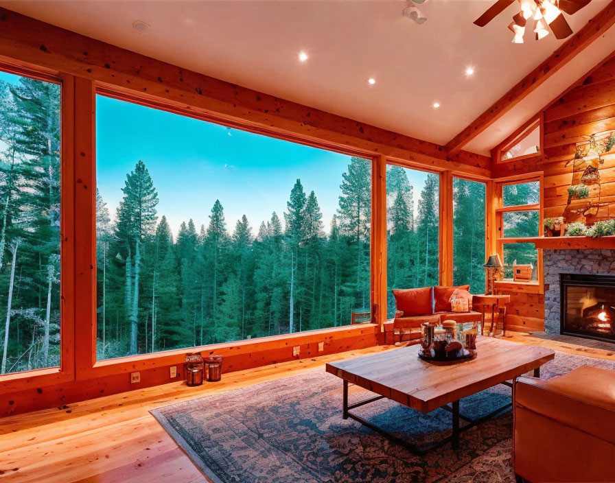 Rustic cabin interior with forest view, orange sofas, coffee table, stone fireplace