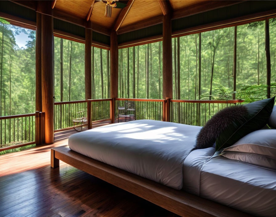 Spacious bedroom with hardwood floors and forest view