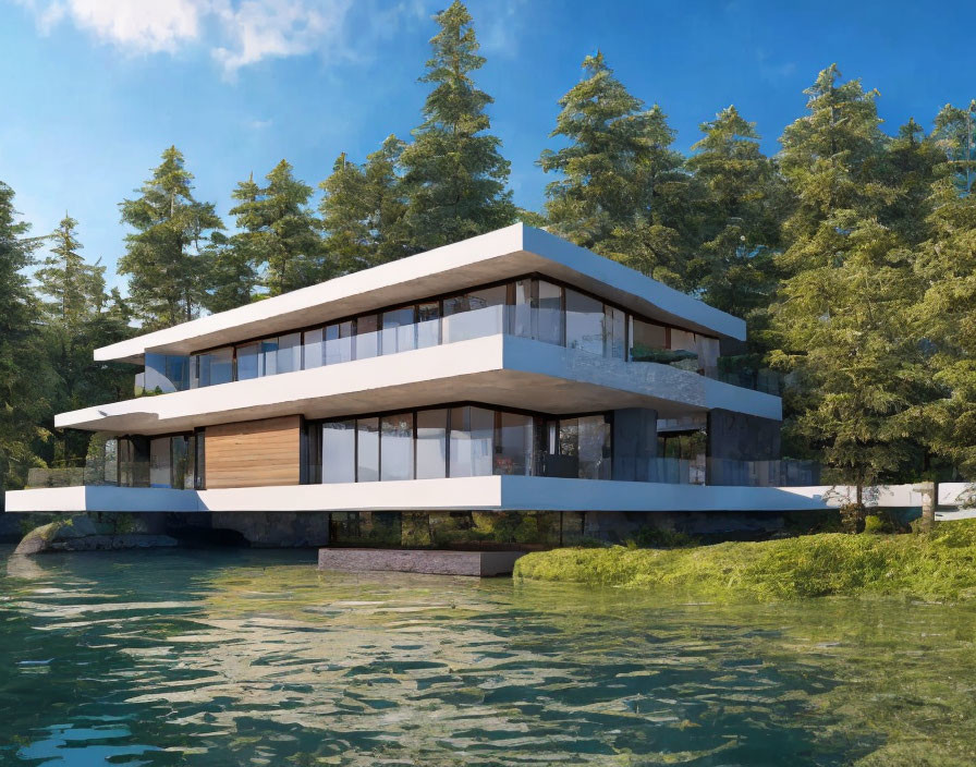 Contemporary waterfront house with large glass windows and tree surroundings