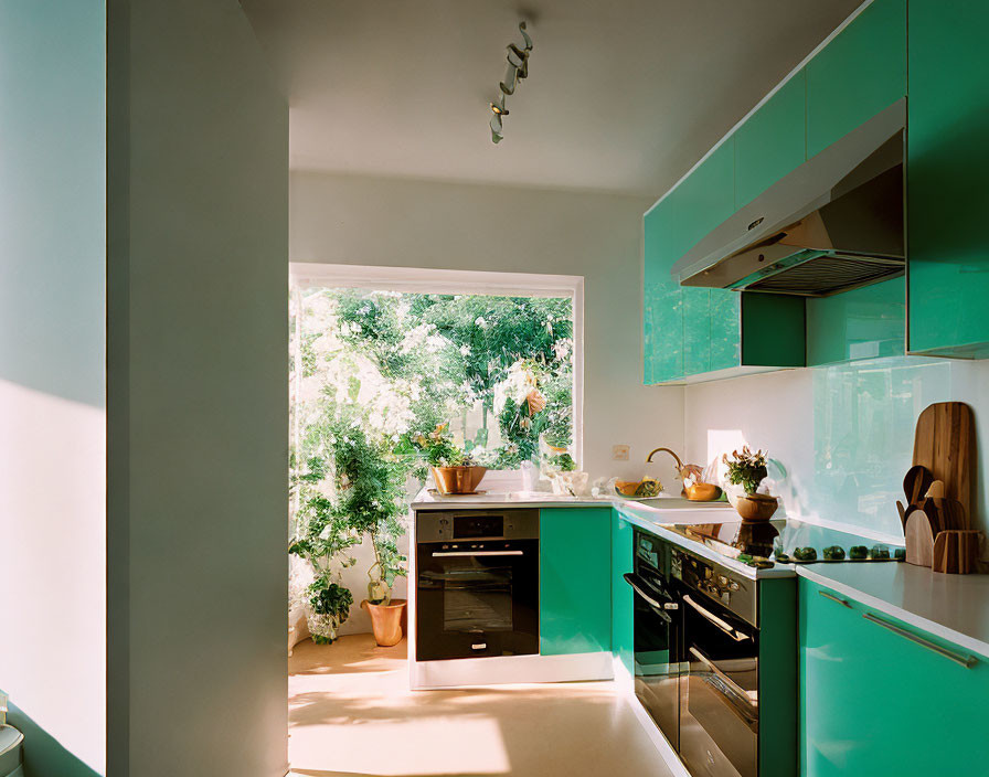 Modern Kitchen with Green Cabinets & Stainless Steel Appliances