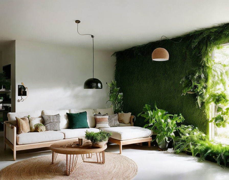 White sofa, wooden furniture, round rug, green plants, pendant lights in cozy living room