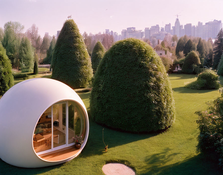 Futuristic egg-shaped tiny home on lush lawn with city skyline background