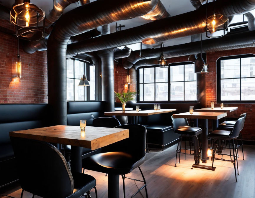 Industrial-style Café Interior with Black Leather Seating & Exposed Ductwork