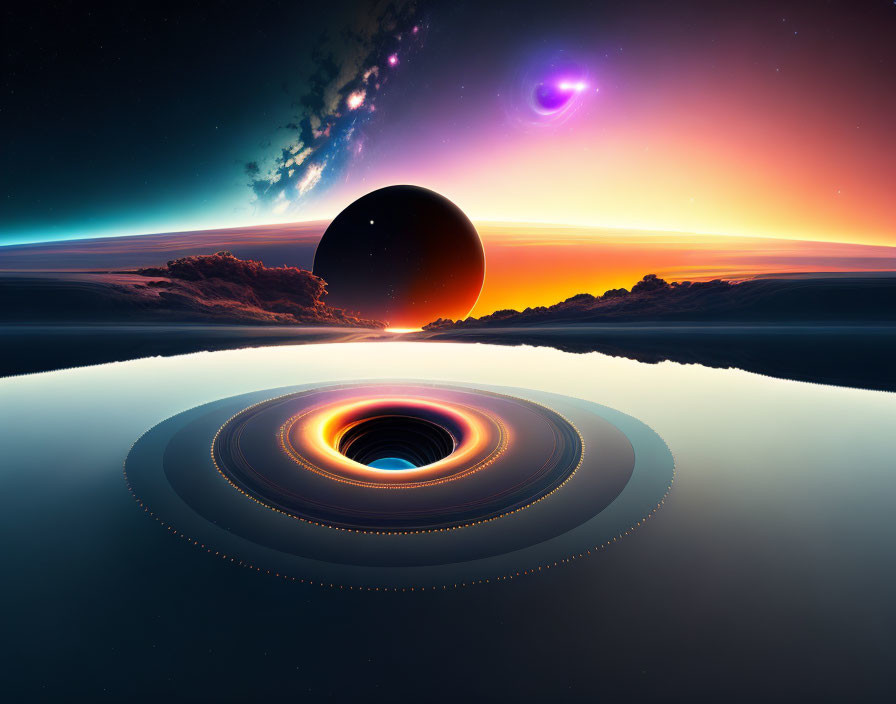 Surreal cosmic landscape with black hole, planet silhouette, and colorful nebula