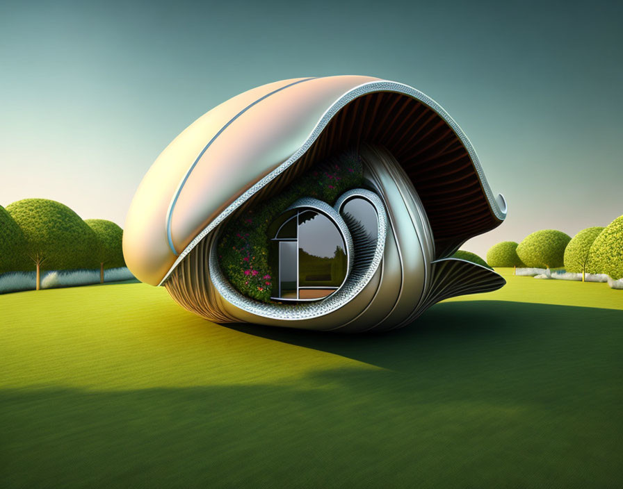 Futuristic snail-shell-shaped house in serene landscape