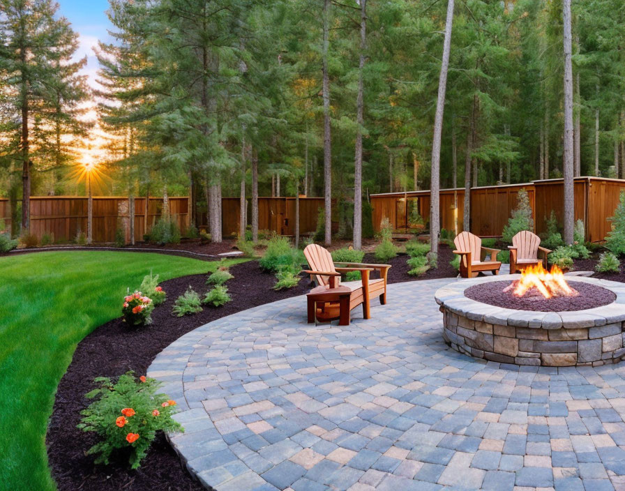 Tranquil backyard sunset scene with stone fire pit, Adirondack chairs, lawn, landscaping