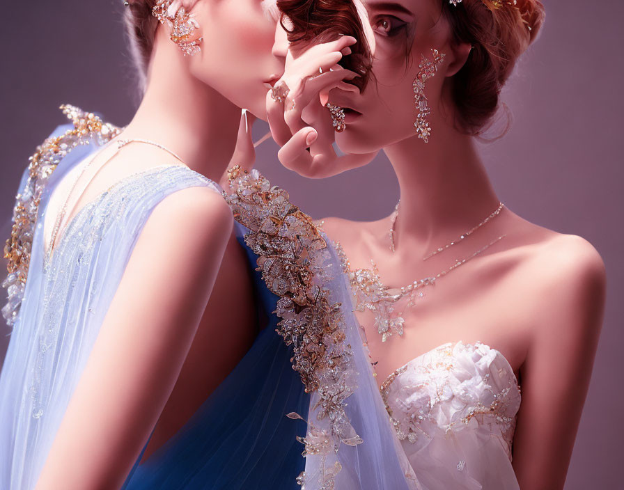 Two women in blue and white elegant attire and jewelry with intricate details and a touch of romance.