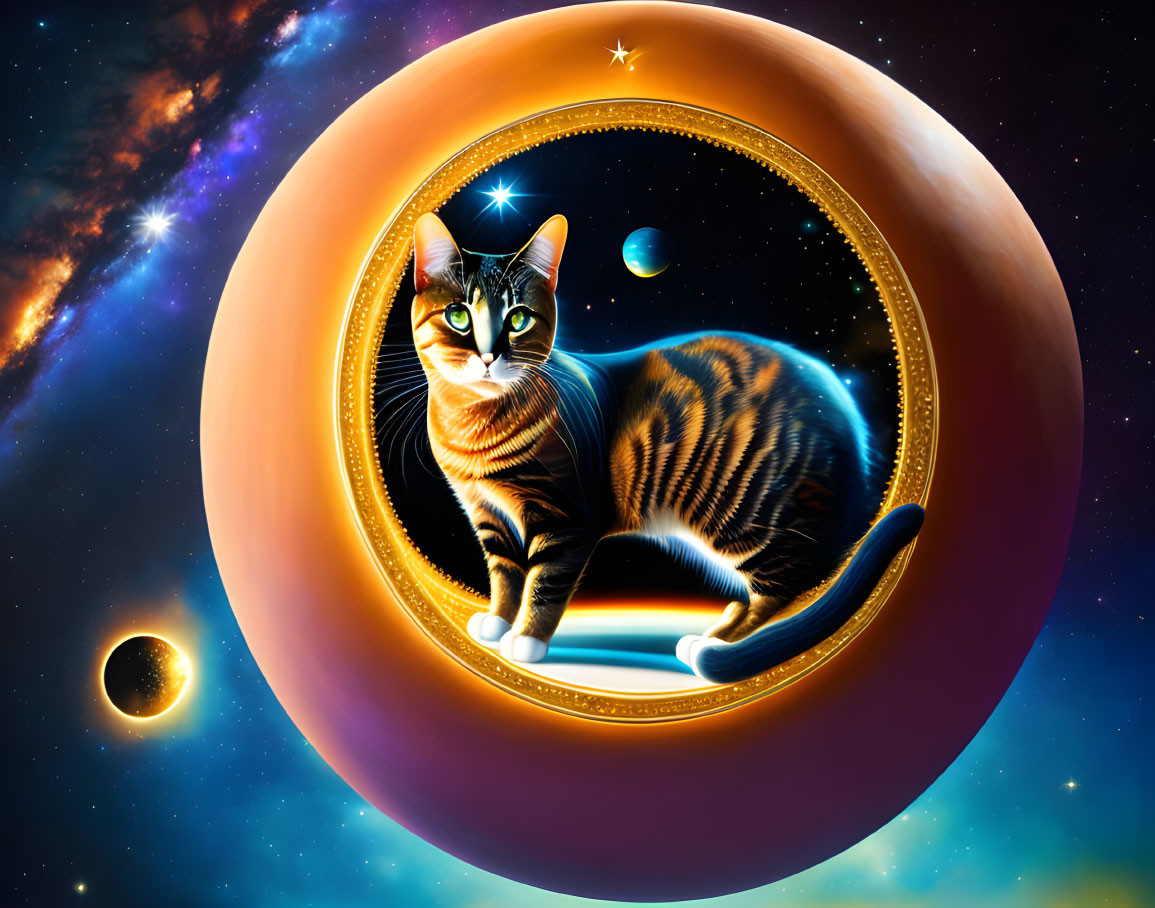 Tabby cat inside ringed planet in cosmic scene