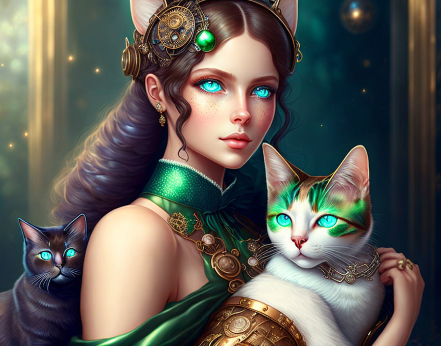 Woman with Blue Eyes and Elfin Ears Holding Cats, Gold Jewelry Included